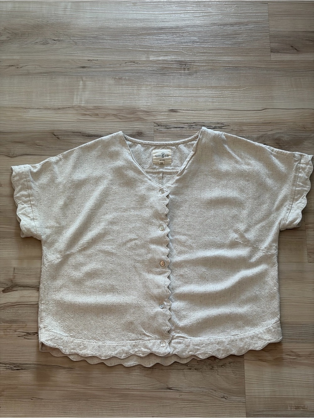 Umgee Cream Scallop-Edge Button Front Short Sleeve Top